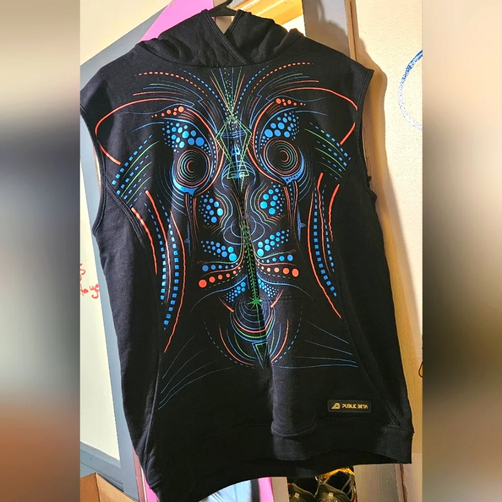 Raver Hoodie Vest Mens XL Public Beta UV Psychedelic Festival Wear - Picture 1 of 10